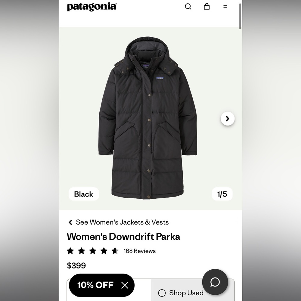 Patagonia Women's Downdrift Parka Black Sz Medium